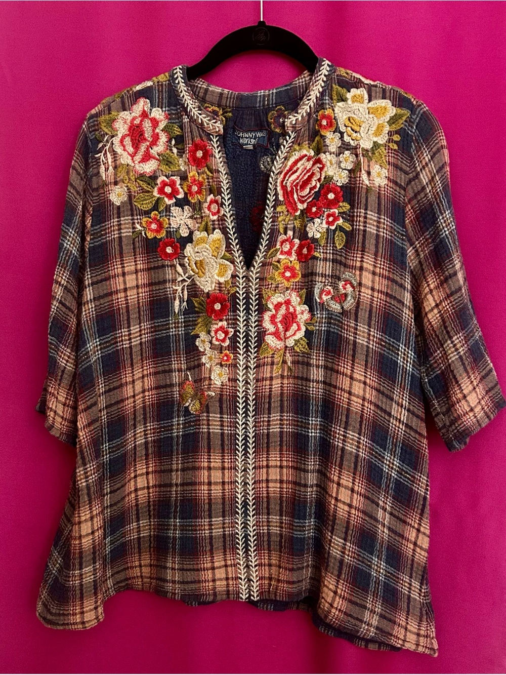 Johnny Was Workshop Floral Embroidered Plaid Women's Top